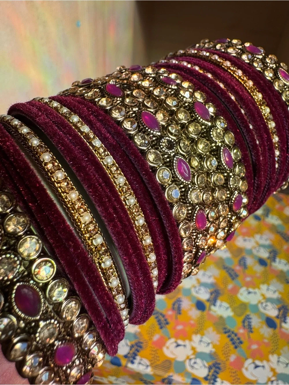Size 2.8 Maroon Velvet and Gold Bangle Set - South Asian Jewelry